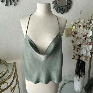 Zara Sage Green Satin Cowl Neck Crop Top